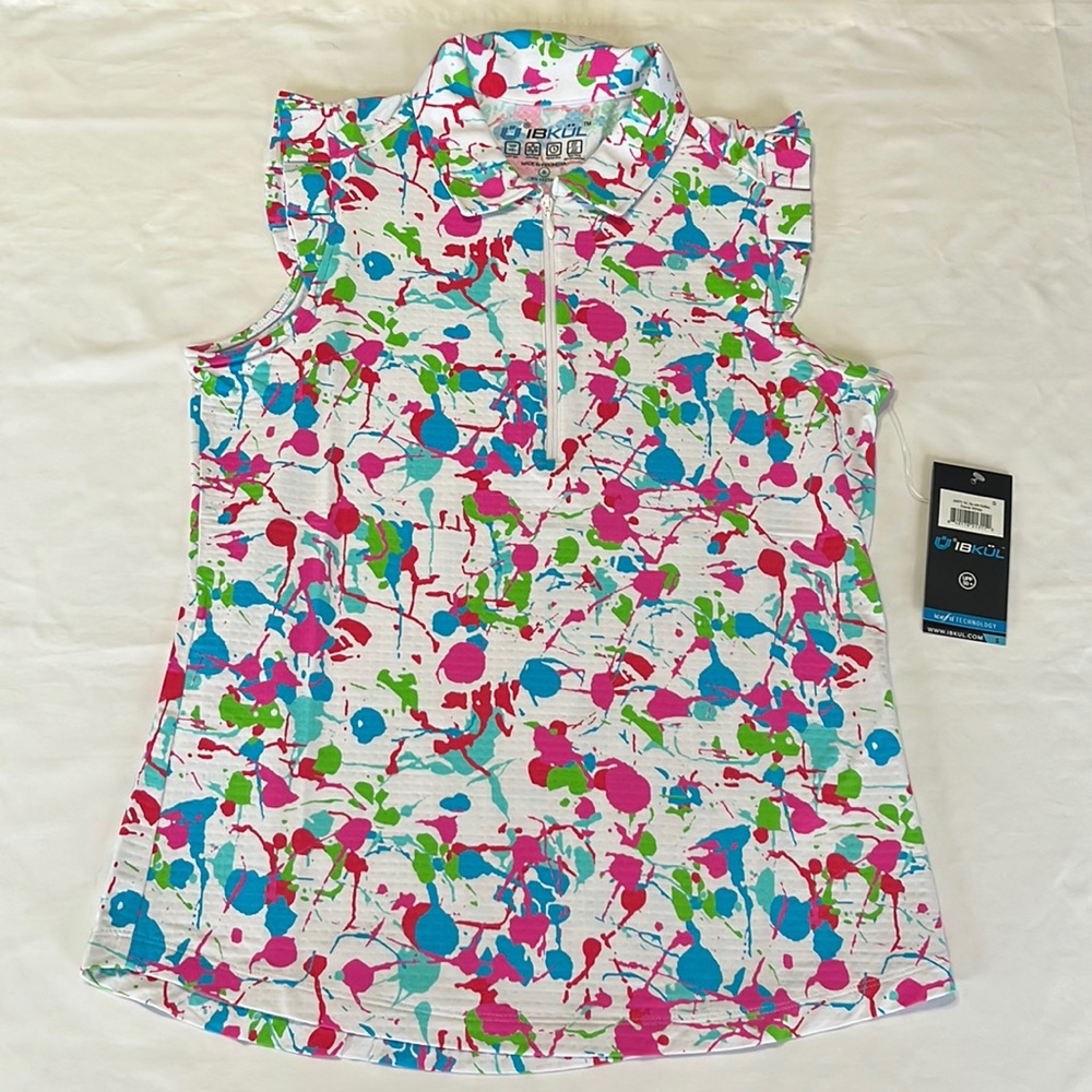 IBKUL Sleeveless With Ruffles Zip Collared Top in Dennis White